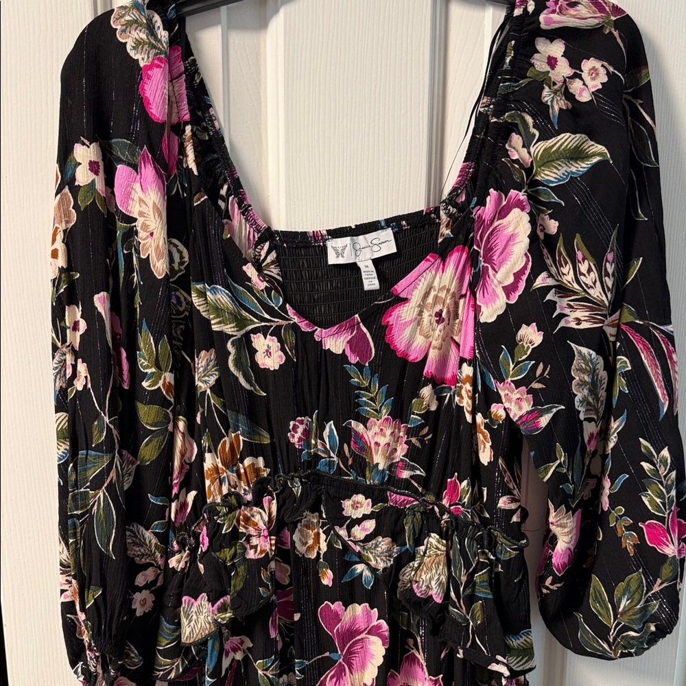 Jessica Simpson Black Maxi Dress with Pink and Green Floral Design